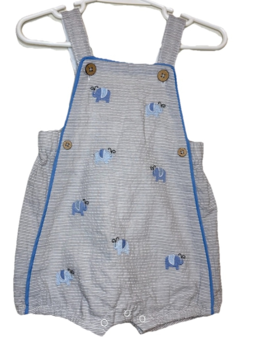 Mudpie Overall Shorts Shortalls Romper Striped With Elephants 6-9 Months